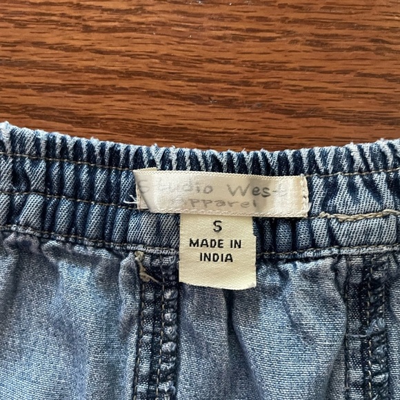 Vintage 90s Pull On Elastic Waist Denim Chambray Pleated Flare Midi Skirt Large - Picture 3 of 6